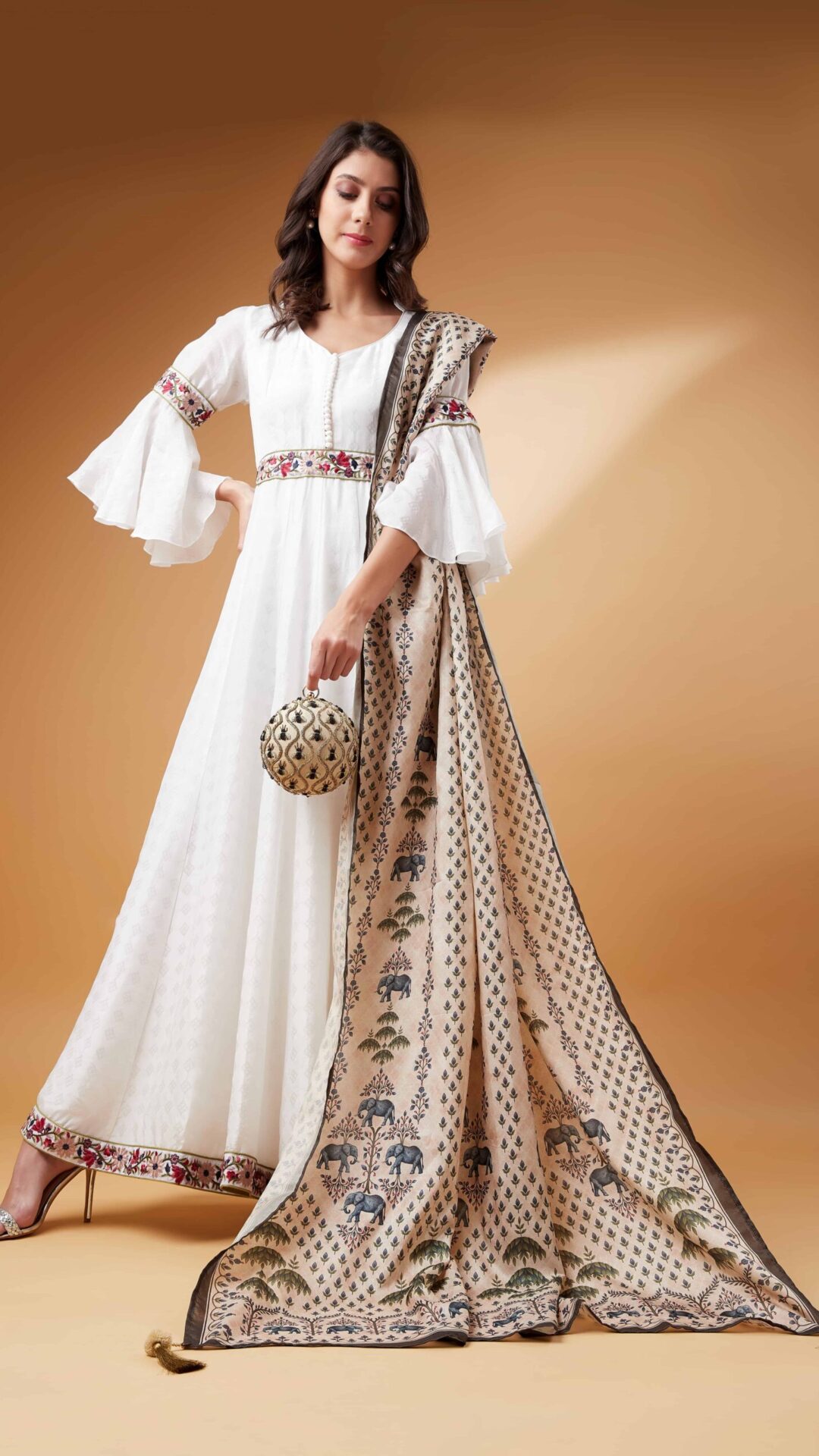 Self Print Silk Anarkali with Bell Sleeves with  Tussar Silk Print Duppatta