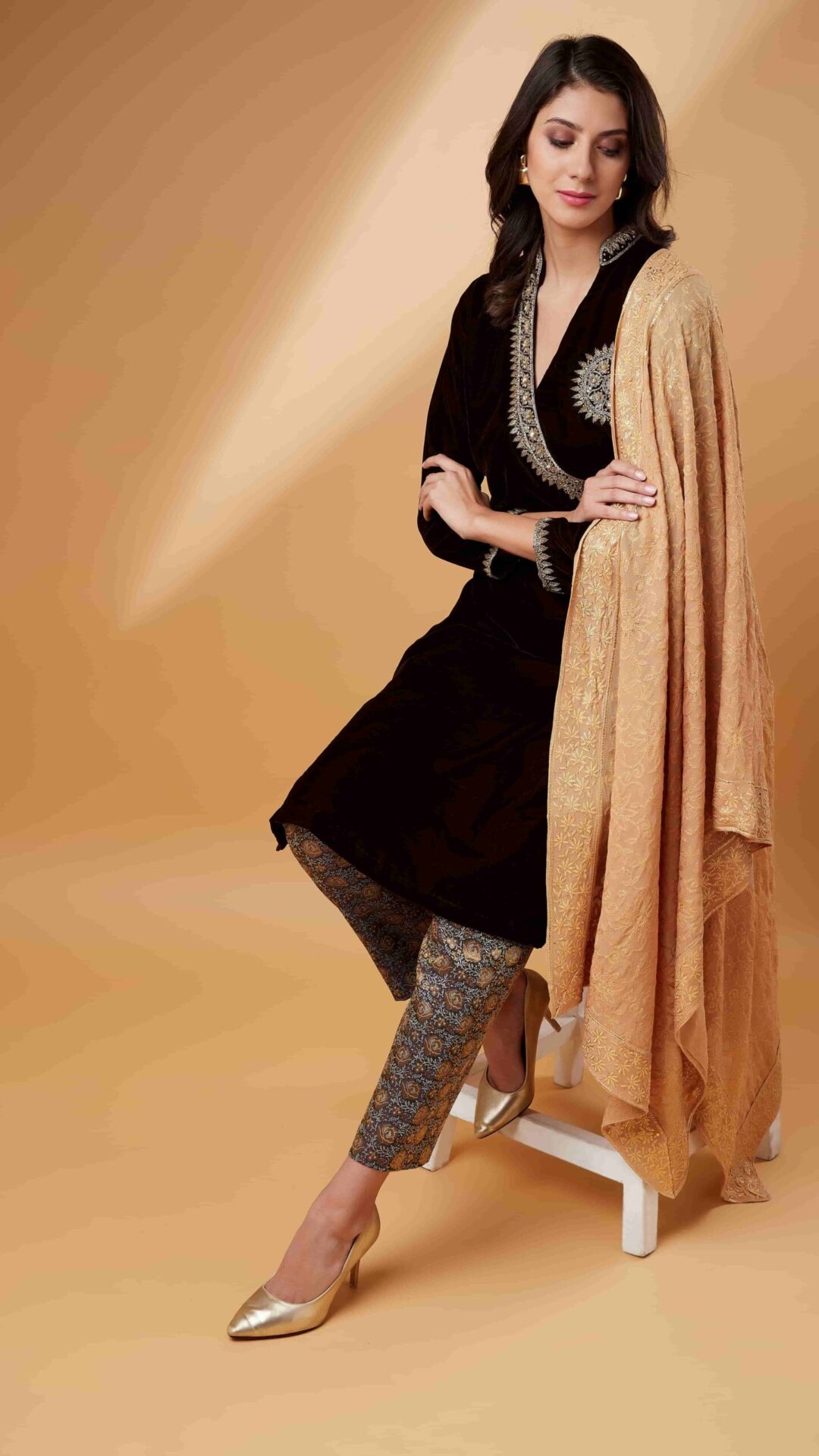 Brown Angrakha Brocade Pant Set