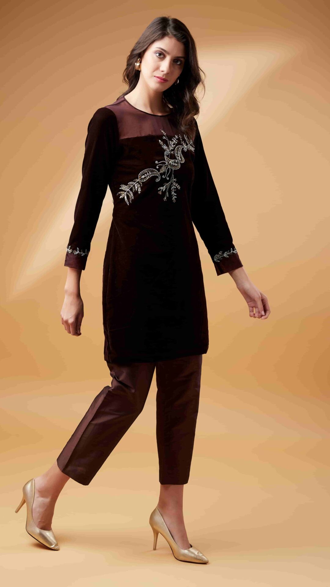 Brown Organza Panel Kurta Set
