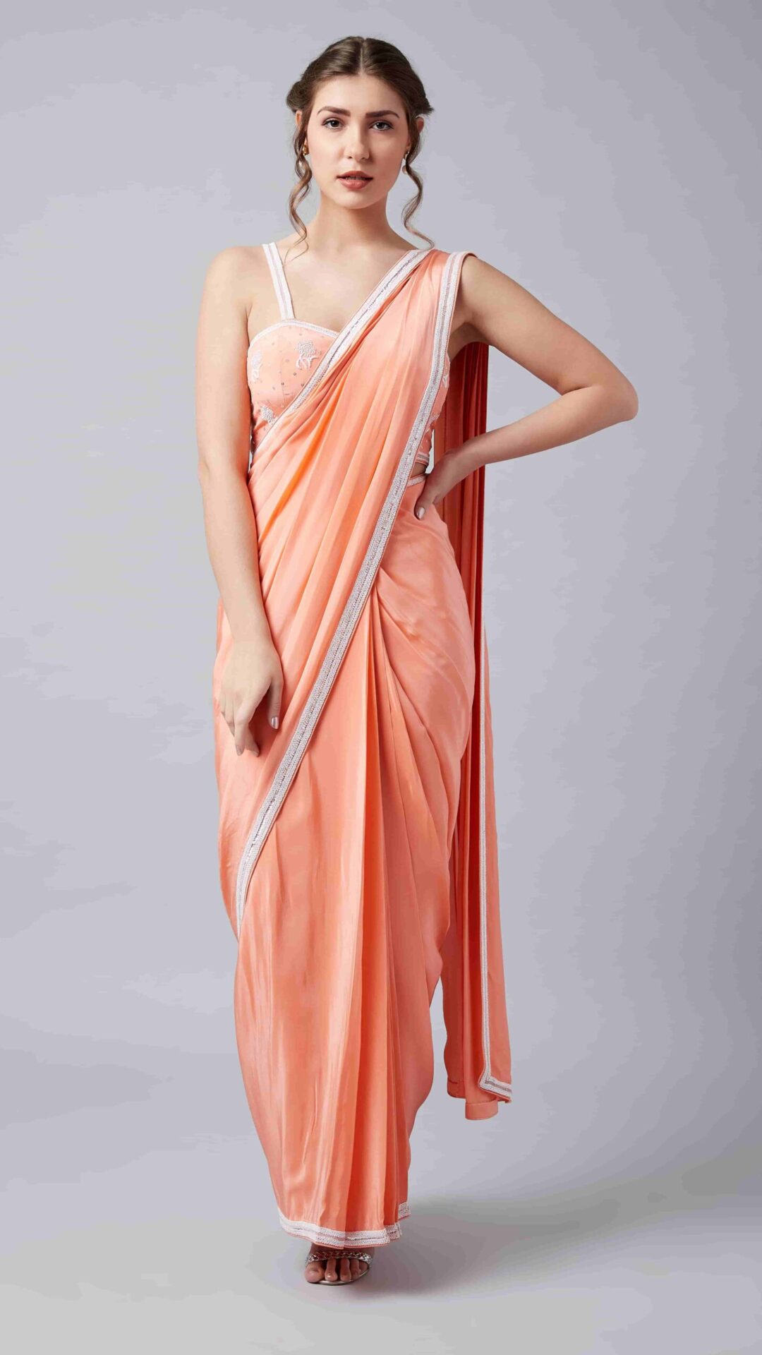 Orange Crepe pearl Embroidery Blouse & Pre-Stitched Saree