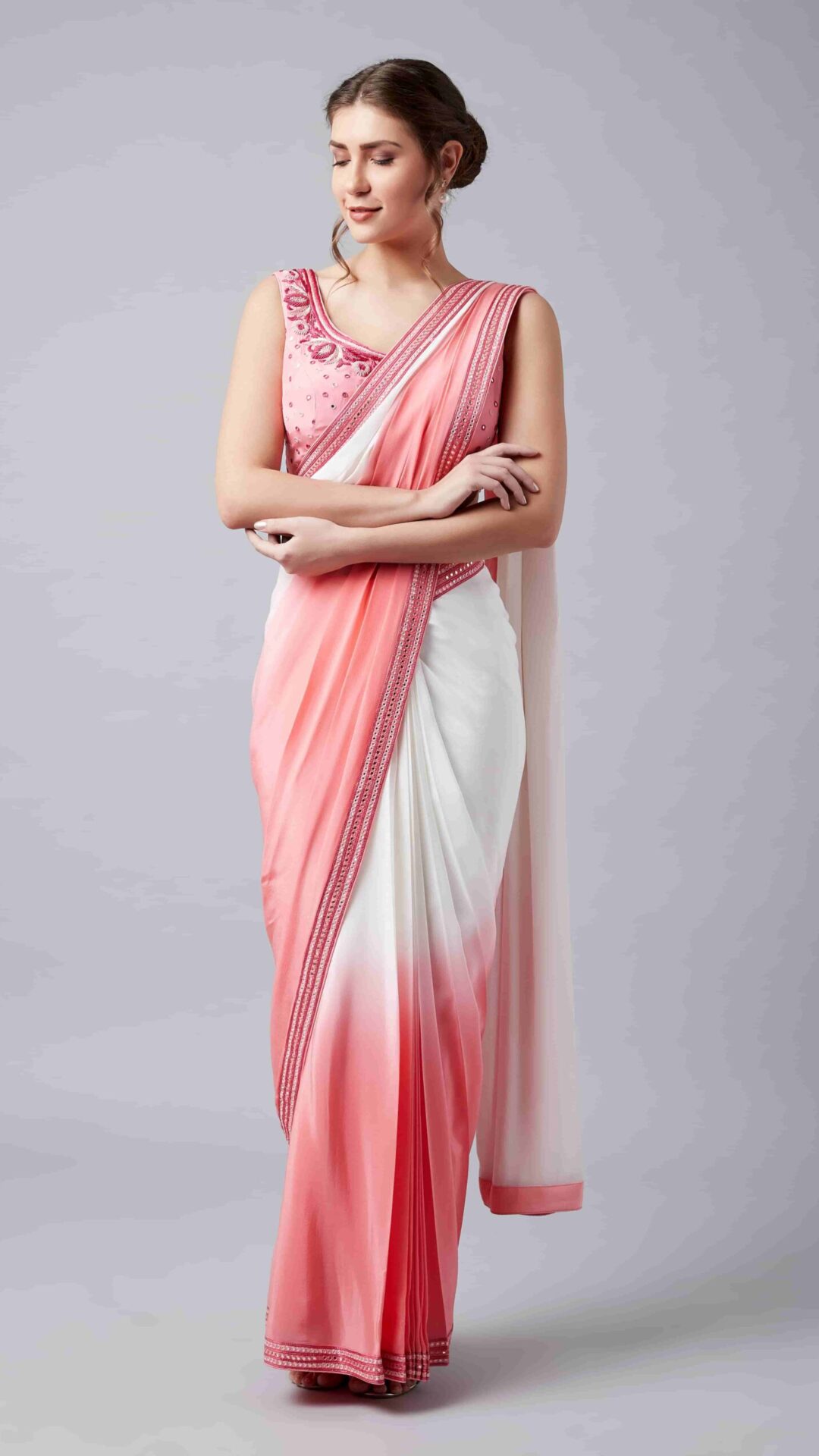 Ombre Rose Pink Crepe Pre-Stitched Saree