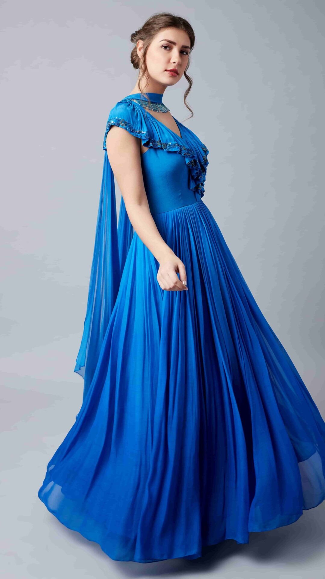 Embroidered Blue Rufflled Neck Floor Length Anarkali