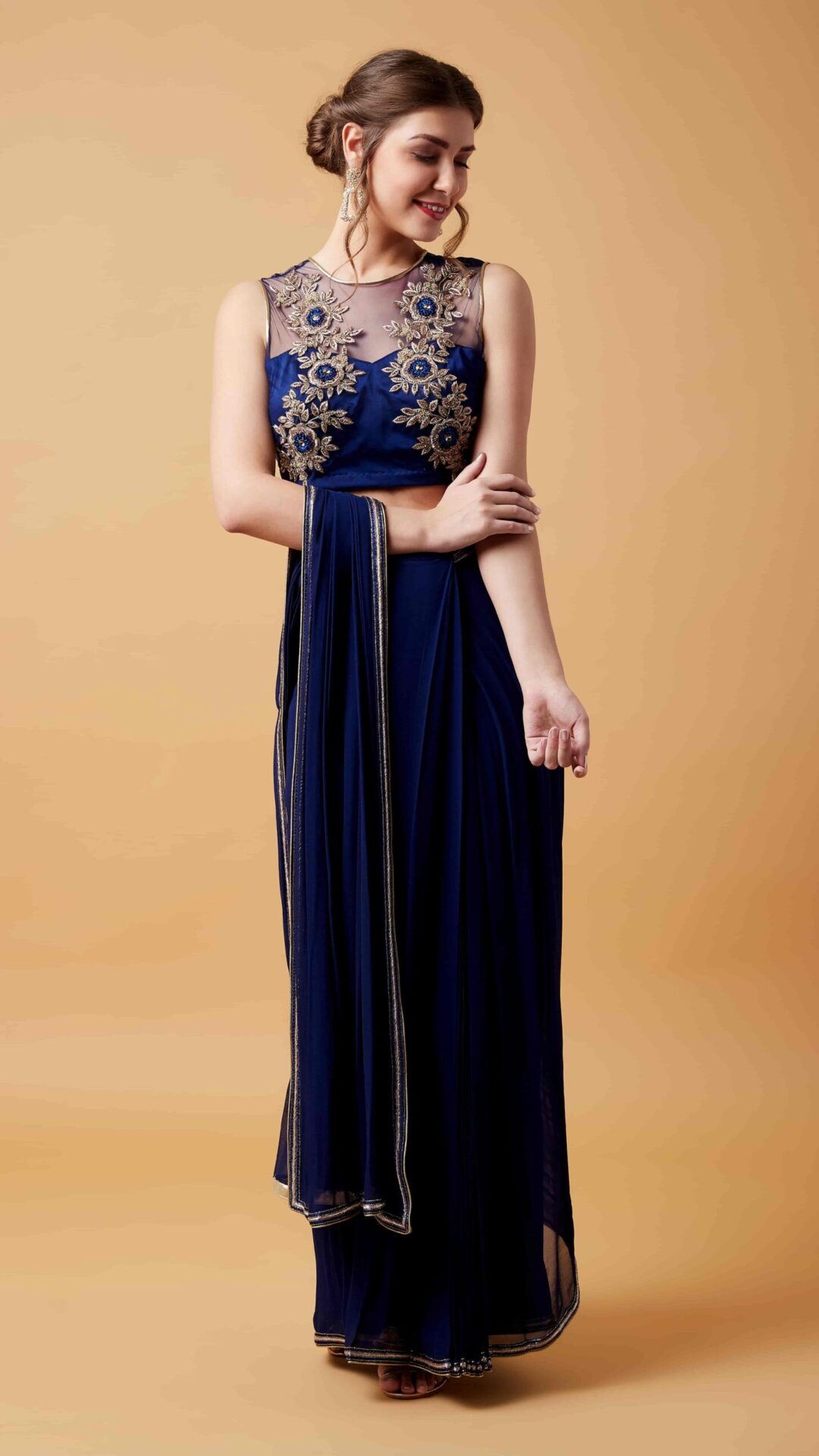 Royal Blue Zari Embroidery Pre-Stitched Saree paired with embellished  Blouse