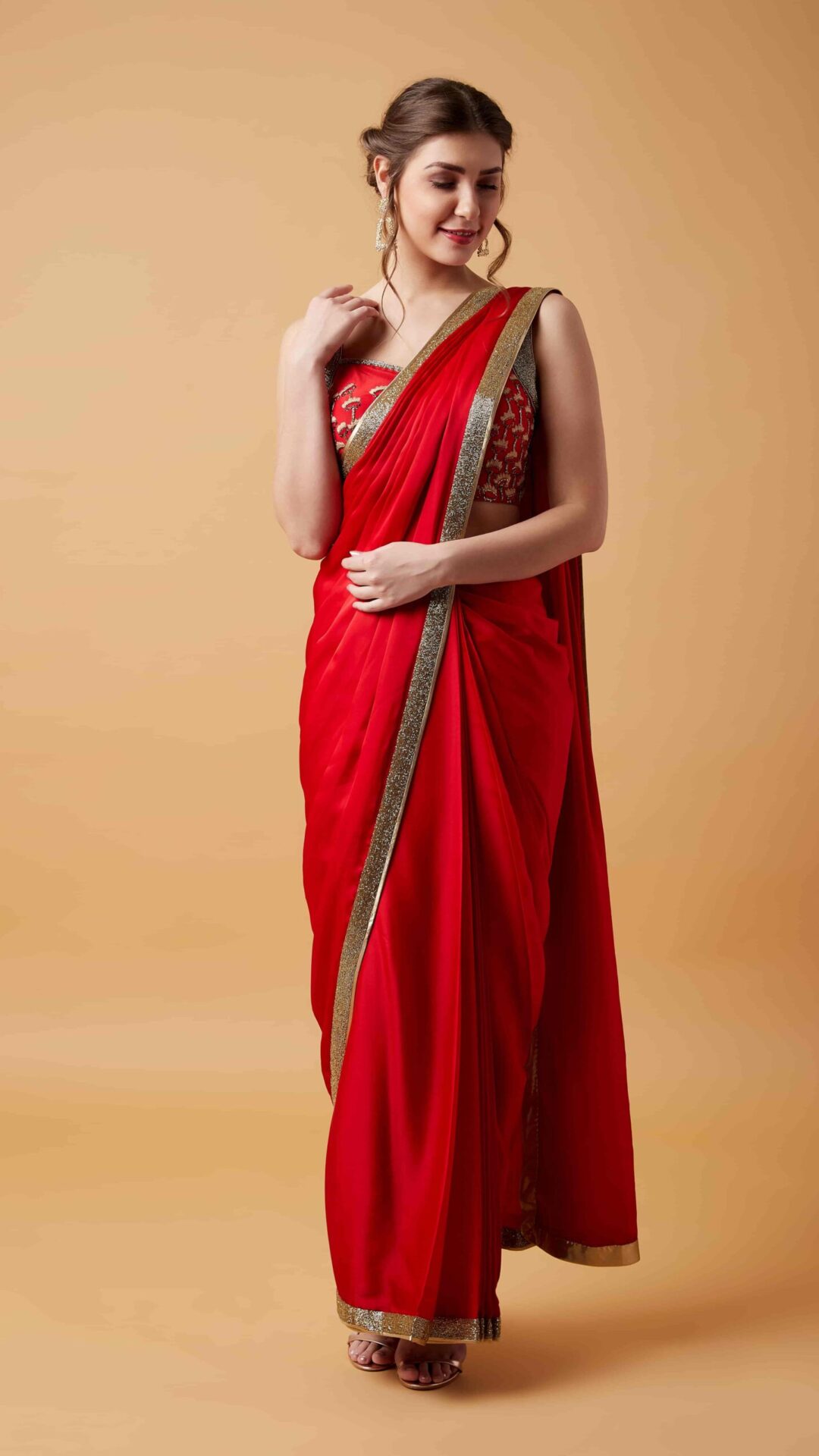 Lotus Sawroski  Red Pre-Stitched Saree