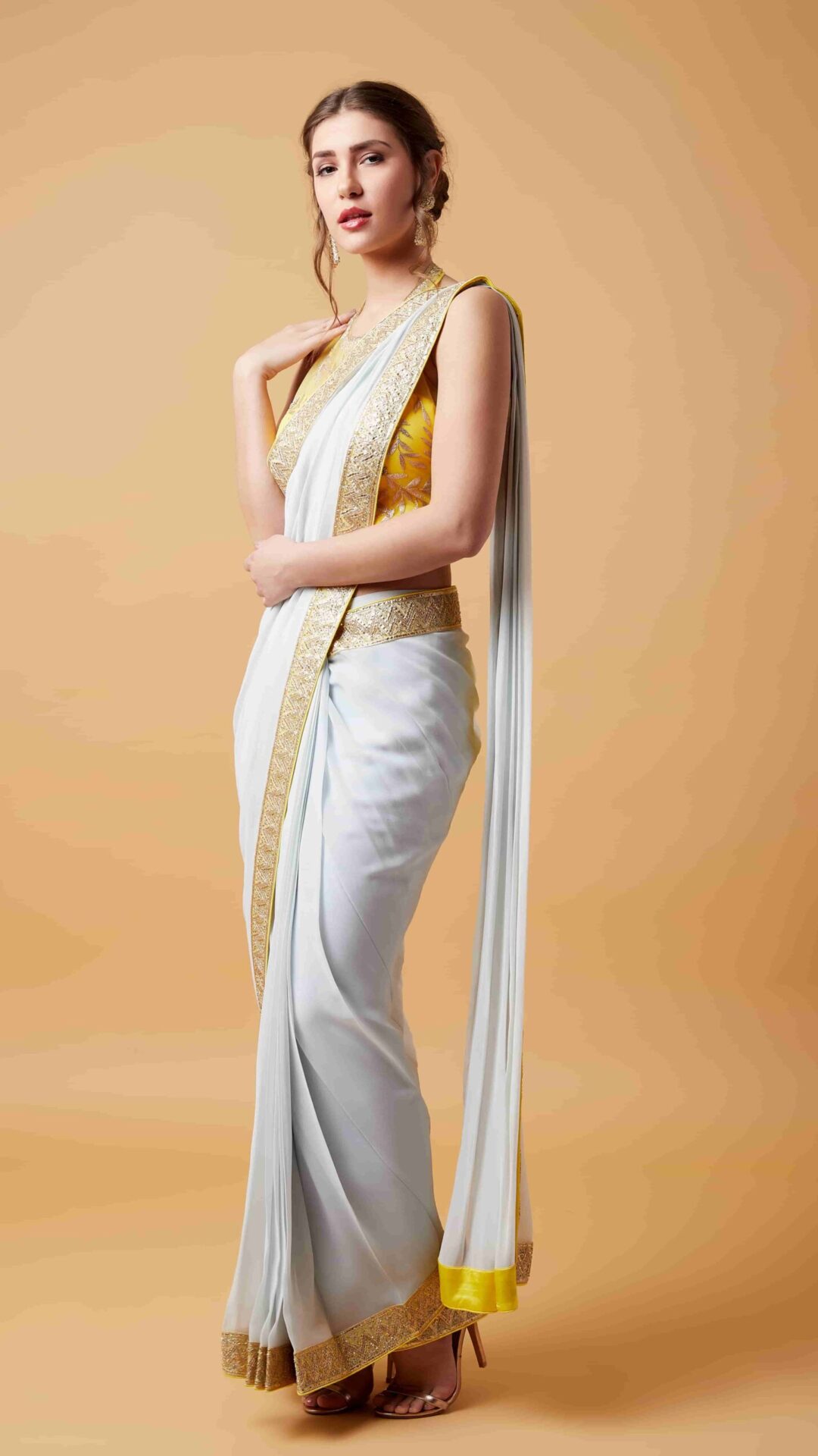 Alter Neck Lemon Blouse & Light Grey Pre Stitched Saree