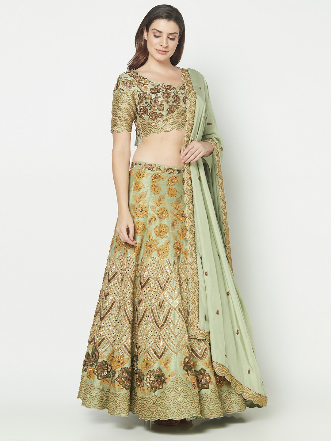 3D flower & Mirror workEmbroidery Scallop Lehenga