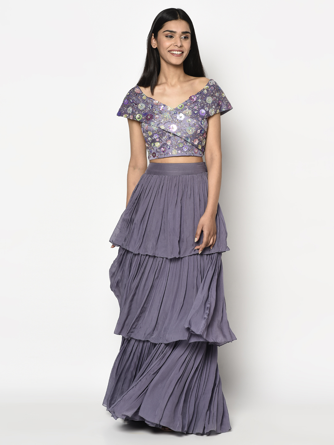 Lavender Off-shoulder Blouse with 3-Tier Skirt