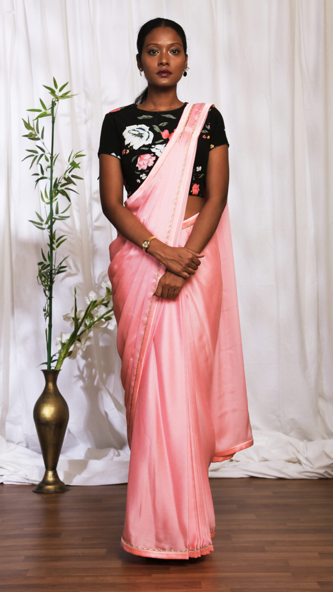 Printed Blouse & Blushed Pre-Stitched Pink Saree