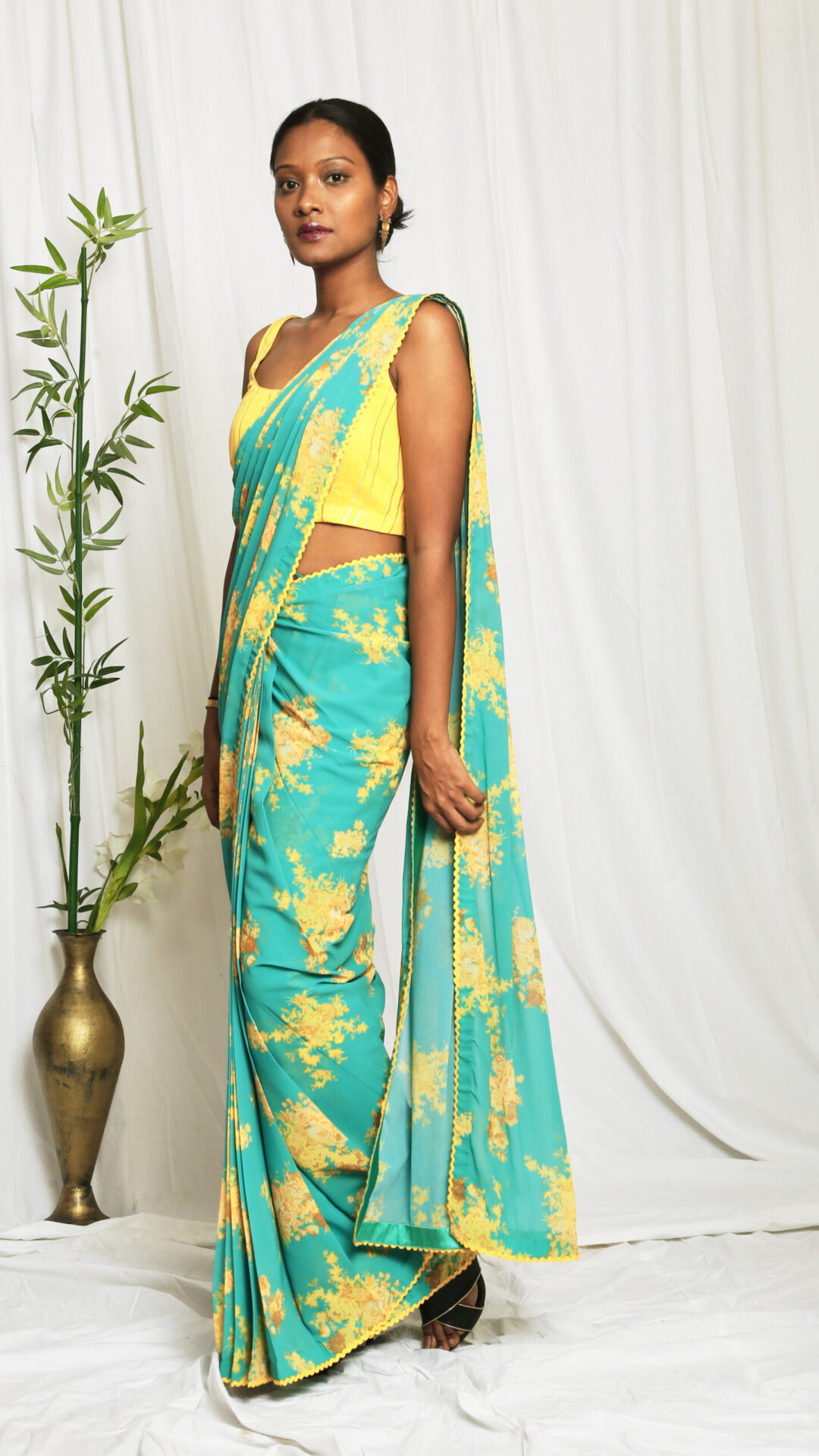 Striped silk Blouse with printed  Pre-Stitched Saree