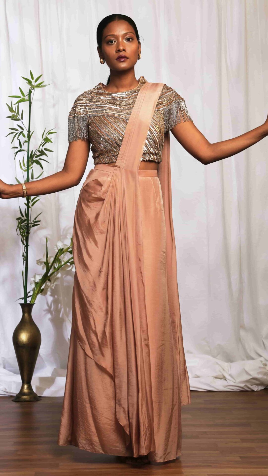 Metallic Embellished Blouse with Palazzoa drape